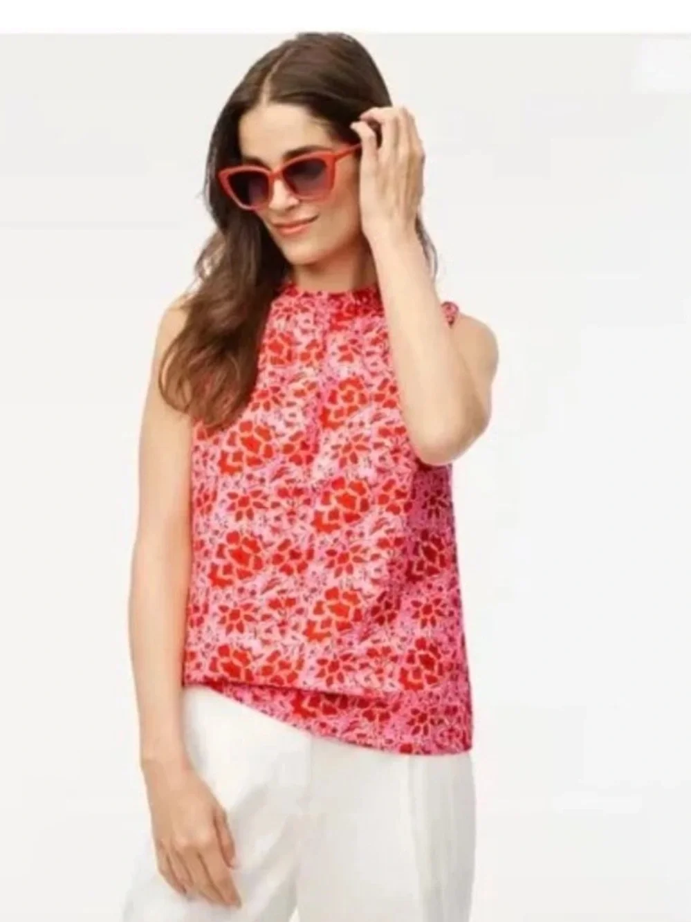 J.Crew Sleeveless Ruffled Neckline Linen Blouse Floral Cottage Pink/Red S NWT